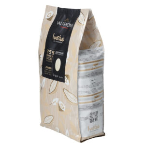 Valrhona Ivoire Vit 35 % 3 kg – len och krämig vit choklad i pellets med mjölk- och vaniljtoner för professionell dessert och konditori.