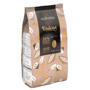 Valrhona Dulcey 35 % 3 kg – karamelliserad blond choklad i pellets med toner av dulce de leche, karamell och kex. För dessert och praliner.