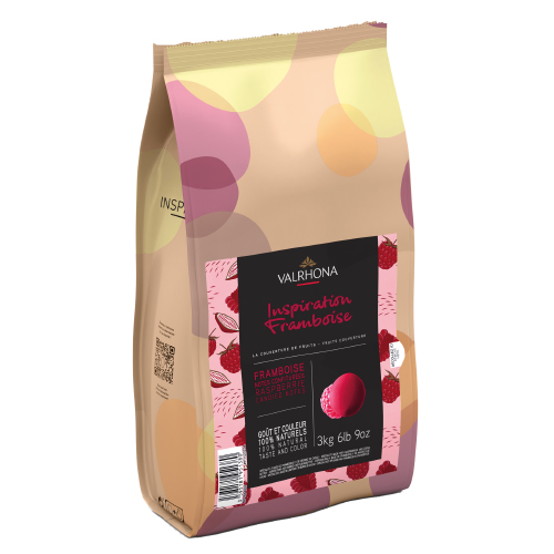Valrhona Inspiration Hallon 3 kg – fruktig couverture i pellets med hallon, kakaosmör och socker. Perfekt för glass, dessert och konfektyr.